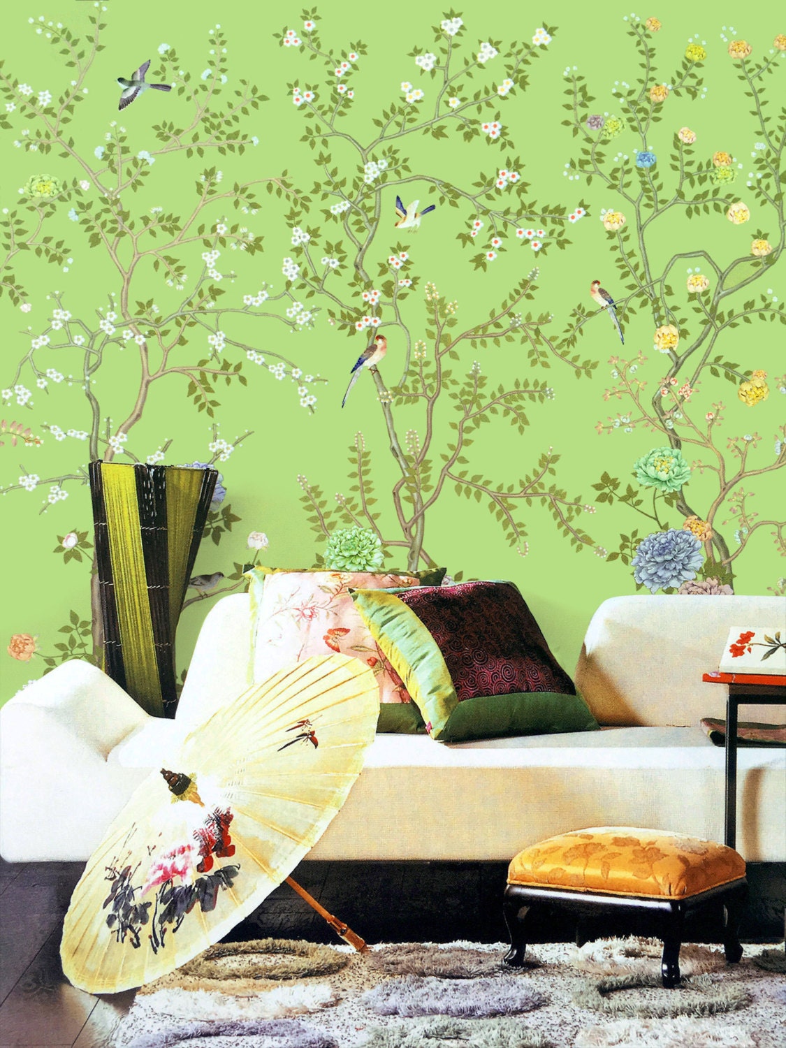 Lemon Green Chinoiserie Wallpaper Exotic Birds Trees Flowering