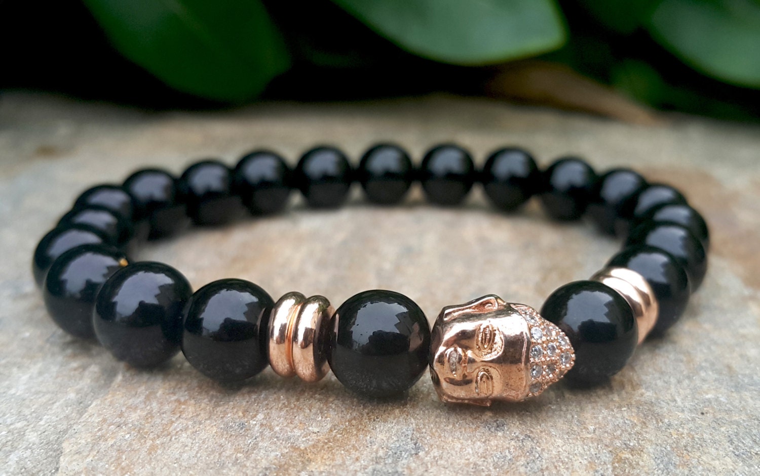 Gold Buddha Bracelet Black Onyx Beaded Gemstone by Braceletshomme