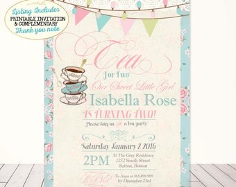 Tea Party Birthday Invitation Tea For Two Birthday Invitation Shabby Chic First Birthday Invitation Vintage Tea Party invitation Floral lace