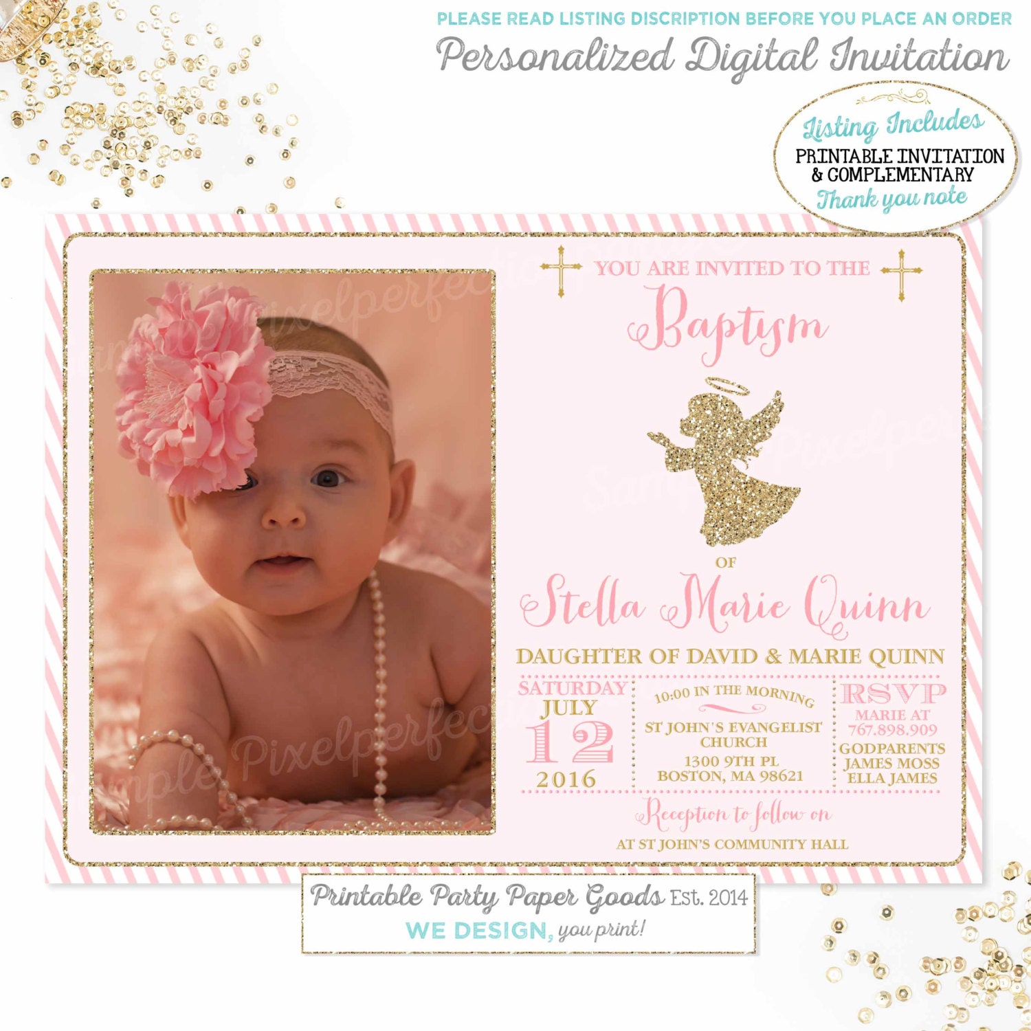 Girls Baptism Invitation Angel Baptism Invitation Pink Gold