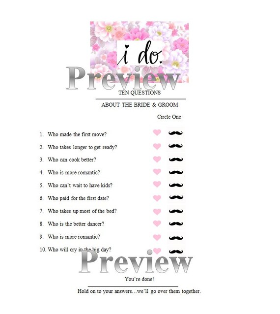 Questions game about the Bride and Groom
