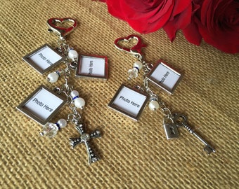 Bouquet photo charms/ wedding bouquet photo charms/ photo charms/ boutonnière photo charms/ lock and key bouquet charms/ cross bouquet charm