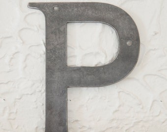 Metal Letters P Sign 8x6", modern Raw Metal, Recycled Welded Steel, CNC Plasma