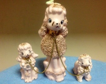 1950s pink poodles.vintage.glass.figurines.dogs.gold.decor.kitsch.puppies.home.knick knack.bric a brac.animals.statue.fifties.decoration.50s