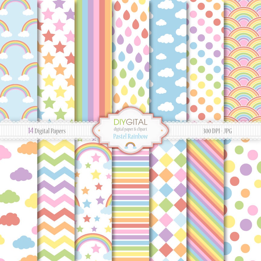 Download Pastel Rainbow Digital Paper Set 14 Digital Papers with