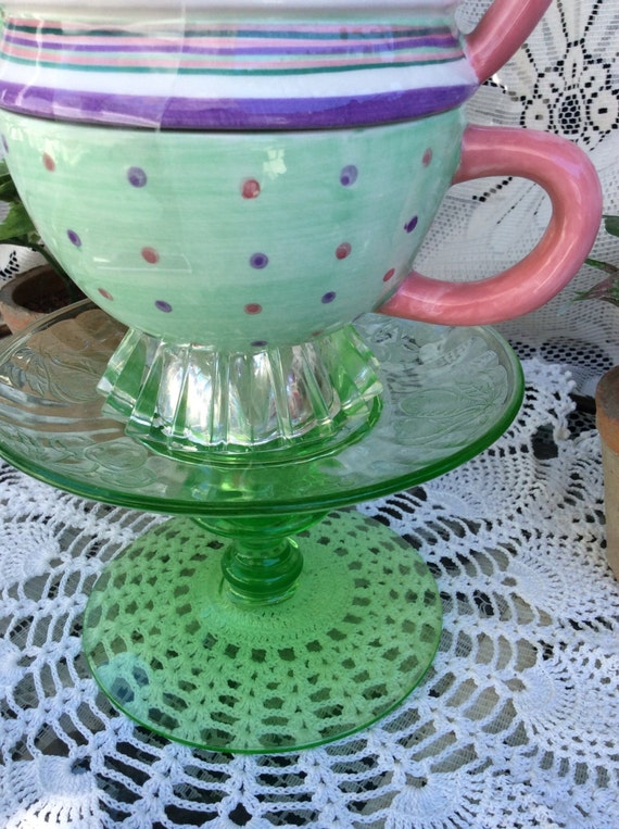 Garden totem teapot bird feeder bird bath stand by DebsDishDesigns