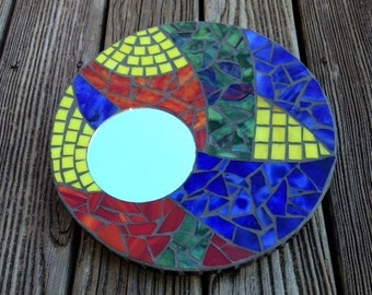 Stained Glass Mosaic Mirror, Multi-color, Round Hanging Mirror, Abstract Design, Bright Colors, Primary Colors, Stained Glass Mirror