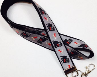 Black Pugs Dog WristletRibbon Lanyard: Gray Luggage/Backpack Tag, Teacher Badge/Whistle Holder, Pet Lanyard, Veterinary Gift