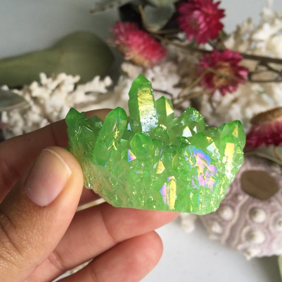 Green Apple Aura Raw Quartz Cluster Lime Green by MatriartBoutique