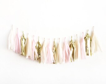 Blush Gold Tassel Garland - tissue paper fringe tassel banner | cream, blush, gold