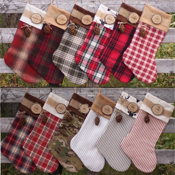 Set of 7 Family Christmas Stockings Personalized Wood Slice