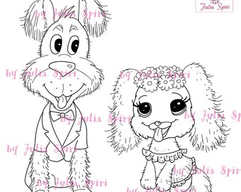 Digital Stamps Digi Stamp Wedding Coloring Dogs Couple Doggie Pets Romantic The Collection