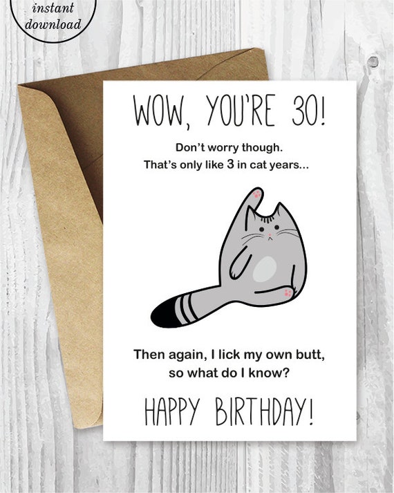 30th birthday card printable birthday card funny cat - 30th birthday ...