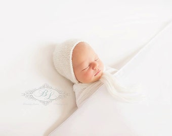 White Fuzzy Newborn Bonnet, Knit Newborn Hat, Knit Bonnet, Newborn Bonnet, Neutral Bonnet, Photo Prop Alpaca 8 COLORS