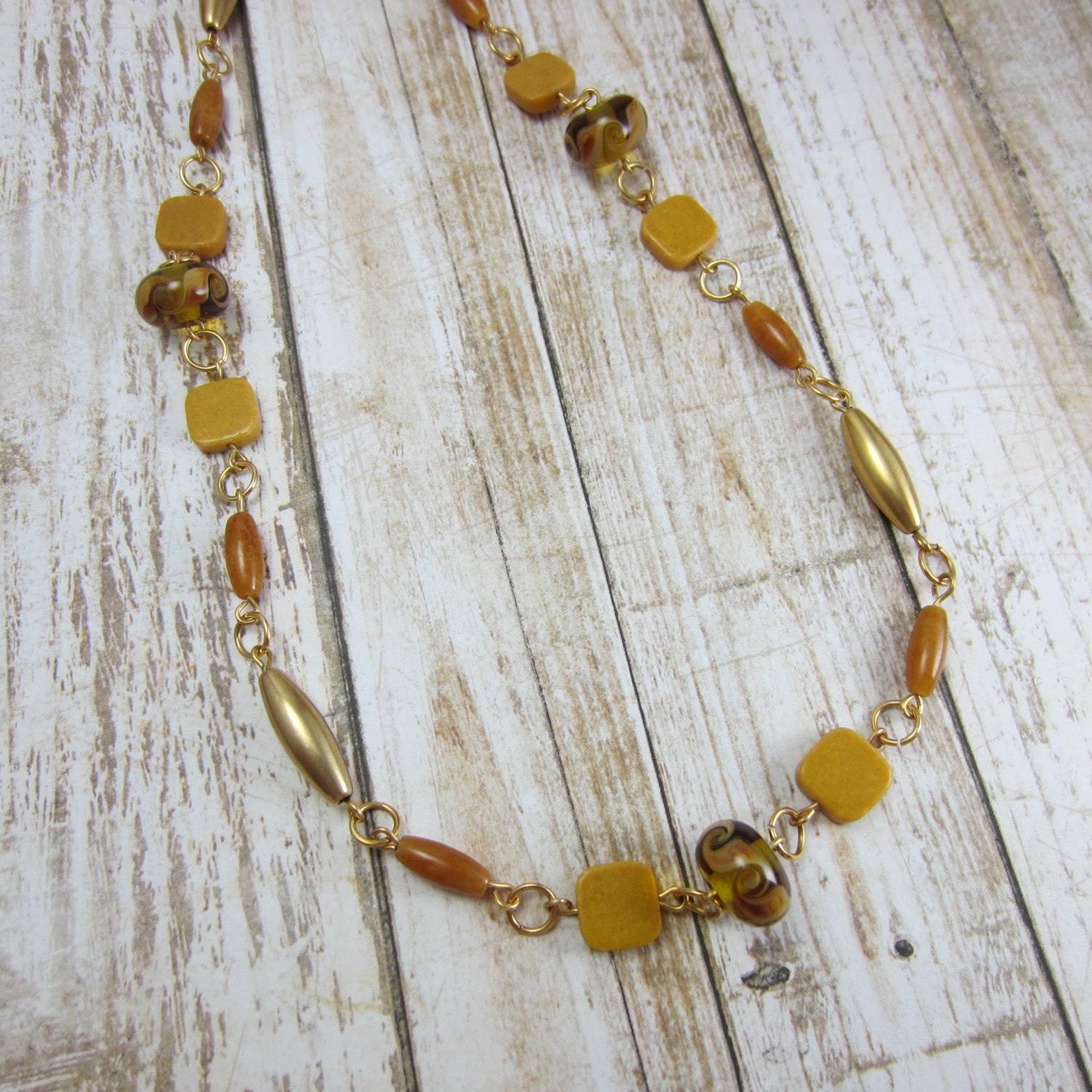 Yellow Bead Necklace Long Mustard Yellow Glass by studio1227