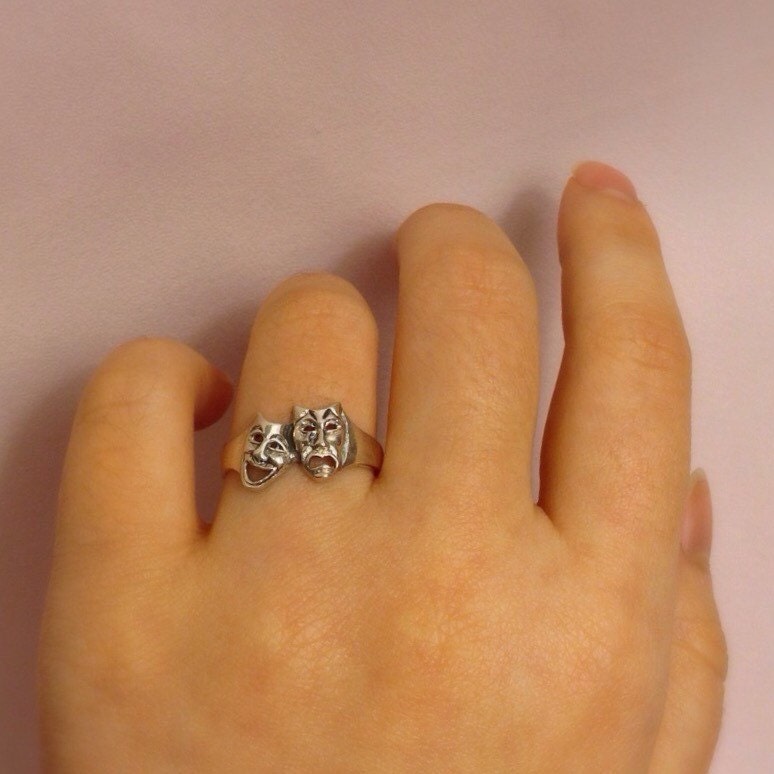 Drama Mask Ring Smile Now Cry Later Ring by StoneandSilverGifts