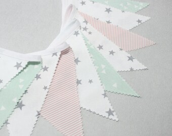 Mint & Gray, Pink, Fabric Bunting, Flag Banner, Baby Shower Decoration, Baby Bunting, Scandinavian Nursery, Minimalisme Home Decor