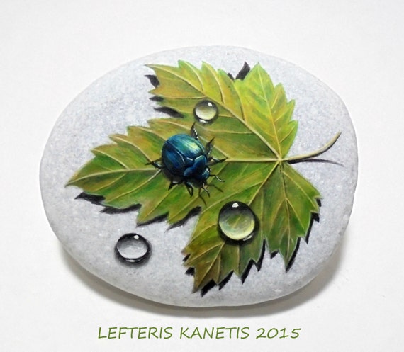 Painted Rock with Beetle Dew Drops And Autumn by RockArtAttack