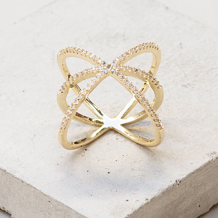 Criss Cross X Ring with Cubic Zirconia Gold