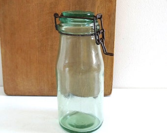 Vintage Light Green Glass Jar MANUFRANCE - French Antique Glass Pot - Rustic Kitchen Decor