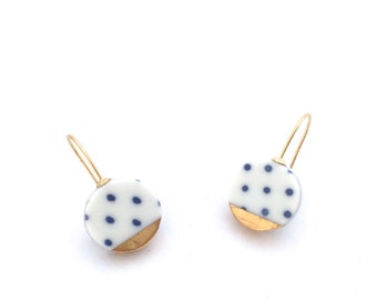 Blue and white Porcelain earring, ceramic jewelry, Polka dots, 18k gold earrings, minimalist earrings, geometric earrings, wedding jewelry