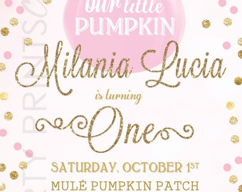Our Little Pumpkin First Birthday Invitation- Pink & Gold, Fall, Pumpkin, Gold Glitter, Our Little Pumpkin, Turning One