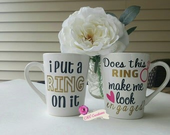 FREE PERSONALIZATION Engagement Gift Set coffee mug Does this ring make me look engaged I Put a Ring On It engaged couple proposal gift