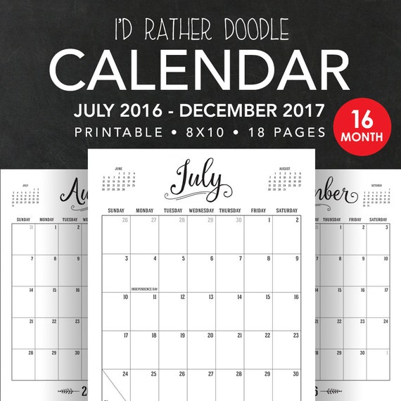 Printable 16 Monthly Calendar July 2016 By IdRatherDoodle