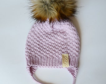 Toddler Girl Knit Hat,Wool Baby Girl Hat, Toddler Girl Winter Hat, Faux Fur Pompom Baby Girl Hat, Knitted Girls Beanie, Pink Beanie for Baby