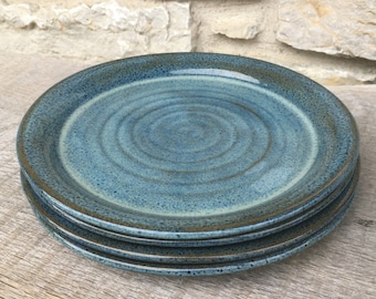 Pottery dinner plates set of 4 wheel thrown dinner platters in Rutile Blue glaze