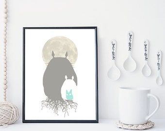 Totoro art print, totoro wall art, miyazaki print, home wall decor, wall art, totoro illustration, studio ghibli, apartment decor, gift