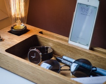 docking station edison lamp DOCK#246 handmade. oak. eco-friendly. charging station. desk organizer. dock station. desk lamp. engraving