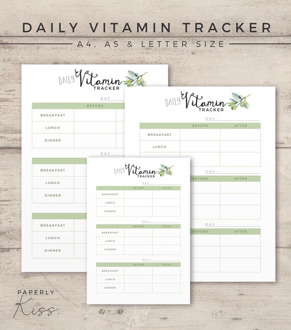 Daily Vitamin Tracker Printable Planner Inserts Medication