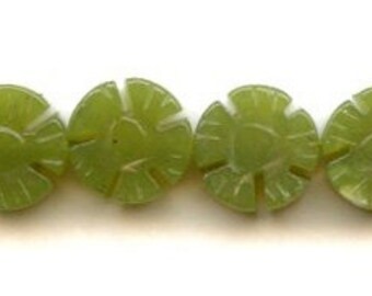 Green Jade Flower Bead, Hand Carved, Gemstone, Round, Flat, 10mm, 1 Strand