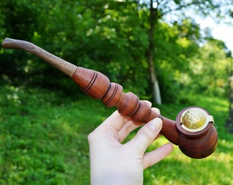 Red smoking pipe wooden tobacco bowl wood pipe churchwarden hobbit pipe gandalf pipe hammer long unique pipe cool cute pipe sherlock pipe