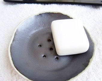 Handmade metallic black / white pottery soap dish, black and white pottery soap dish, ceramic soap holder, black bathroom decor, soap dish