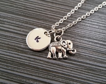 Silver Elephant Necklace - Elephant Charm Necklace - Personalized Necklace - Custom Gift - Initial Necklace - Elephant Totem Charm