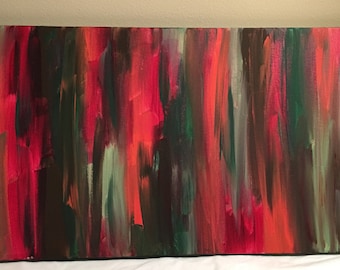 Green, red & orange, abstract acrylic painting, 12x24