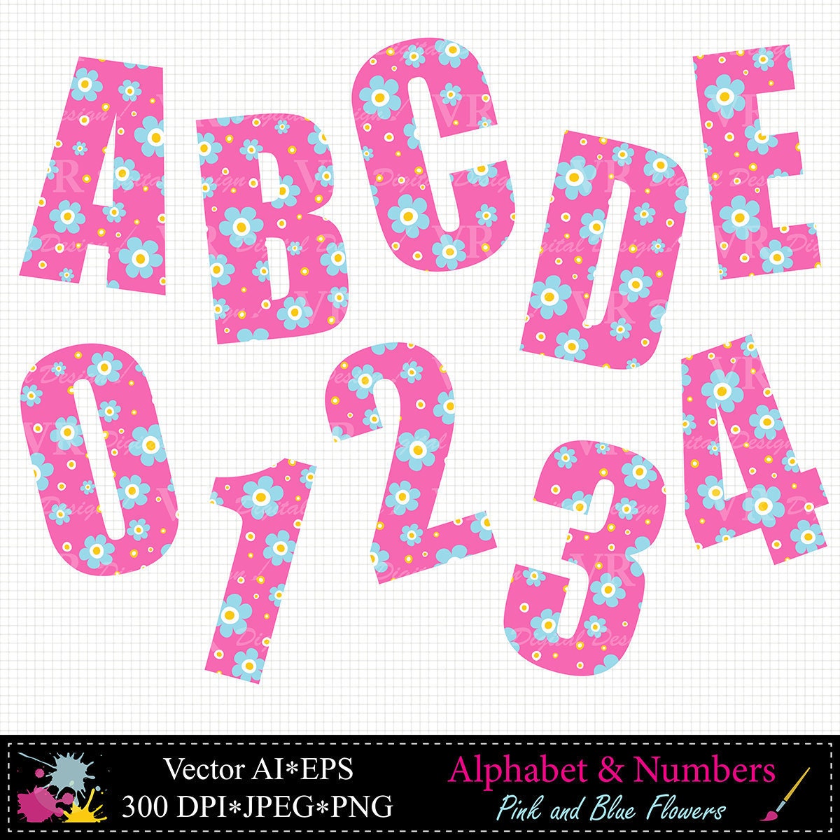 Pink and Blue Floral Alphabet and Number Clip by VRDigitalDesign