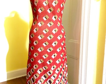 Vintage floor length dress orange oriental/asian collar Large