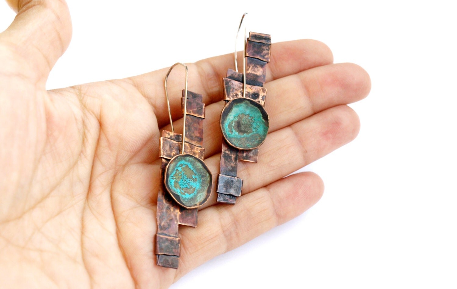 Copper patina jewelry Dangle drop earrings Blue patina jewelry
