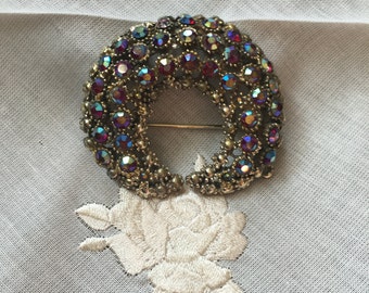1950s Aurora Borealis Vintage Moon Shape Brooch. Vintage Aurora Borealis. Aurora. Borealis Brooch. Vintage Brooch. Rhinestone Brooch