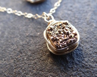 Gold Druzy Necklace Wire Wrapped Druzy Necklace Minimalist Necklace theloveleighlocket (Gold Filled)