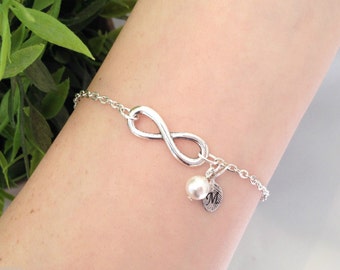 Infinity Bracelet, Personalised Jewelry, Letter Bracelet, Bridesmaid Jewelry, Initial Jewelry, White Swarovski Pearl, Silver Plated Charm