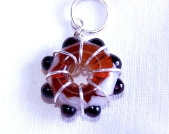 Lampwork glass pendant or keyring - Wire wrapped - Amber, black and white glass - SRA