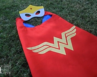 Wonder Woman Cape & Mask - kids cape, superhero red/blue satin cape w/ velcro closure, halloween costume, dress up, girls birthday party