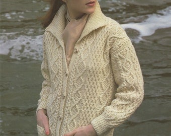 PDF Ladies Aran Jacket Knitting Pattern : Womens 32 - 41 inch bust / chest . Long Cardigan . Aran Yarn . Long Line Jacket . Instant Download