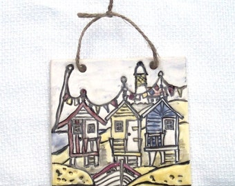 Beach Huts Tile - Ceramic Tile - Pottery Tile - Seaside - Beach Huts