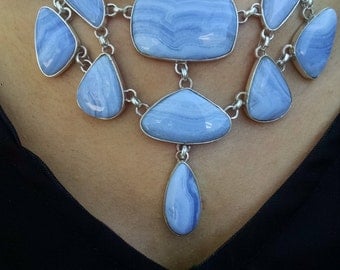 Silver necklace with agate Blue Lacy