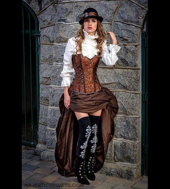 Ready to ship Steampunk Brown Corset w/ BROWN Bustle Skirt Victorian Cosplay Costume Halloween Dress Goth by MajesticVelvets steampunk buy now online